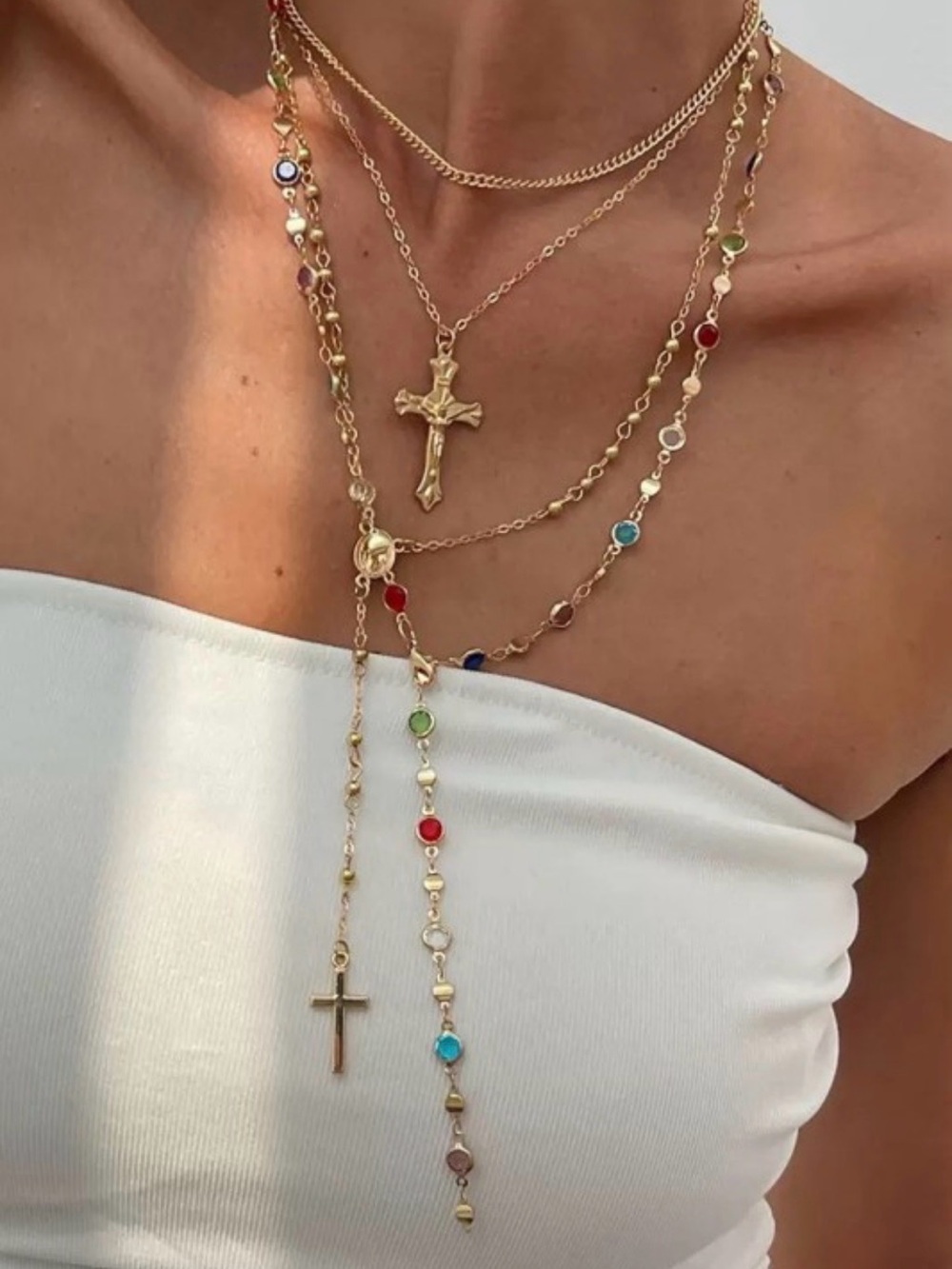 NWT Josslyn Boho Y Multi Stone Cross Lariat Layer Necklace 4 Layer Gold Tone